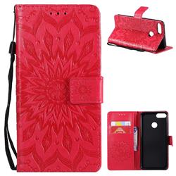 Embossing Sunflower Leather Wallet Case for Huawei Y9 (2018) - Red