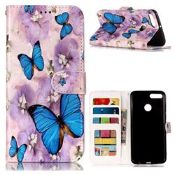 Purple Flowers Butterfly 3D Relief Oil PU Leather Wallet Case for Huawei Y9 (2018)