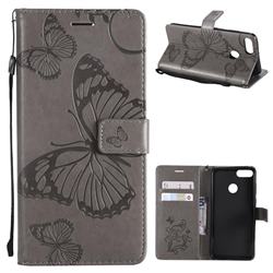 Embossing 3D Butterfly Leather Wallet Case for Huawei Y9 (2018) - Gray