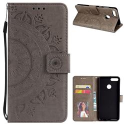 Intricate Embossing Datura Leather Wallet Case for Huawei Y9 (2018) - Gray