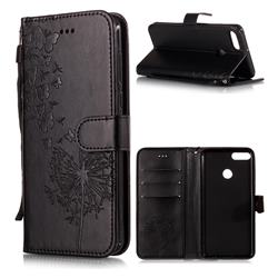 Intricate Embossing Dandelion Butterfly Leather Wallet Case for Huawei Y9 (2018) - Black