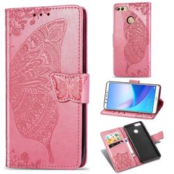 Embossing Mandala Flower Butterfly Leather Wallet Case for Huawei Y9 (2018) - Pink