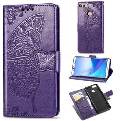 Embossing Mandala Flower Butterfly Leather Wallet Case for Huawei Y9 (2018) - Dark Purple
