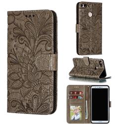 Intricate Embossing Lace Jasmine Flower Leather Wallet Case for Huawei Y9 (2018) - Gray