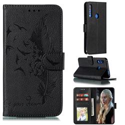 Intricate Embossing Lychee Feather Bird Leather Wallet Case for Huawei Y9 Prime (2019) - Black