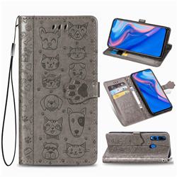 Embossing Dog Paw Kitten and Puppy Leather Wallet Case for Huawei Y9 Prime (2019) - Gray