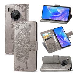 Embossing Mandala Flower Butterfly Leather Wallet Case for Huawei Y9a - Gray