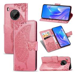 Embossing Mandala Flower Butterfly Leather Wallet Case for Huawei Y9a - Pink