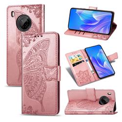 Embossing Mandala Flower Butterfly Leather Wallet Case for Huawei Y9a - Rose Gold