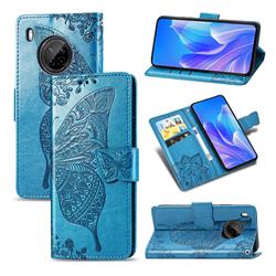 Embossing Mandala Flower Butterfly Leather Wallet Case for Huawei Y9a - Blue