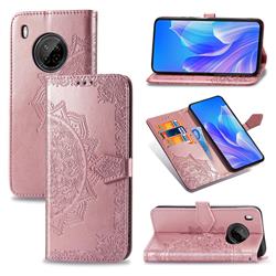 Embossing Imprint Mandala Flower Leather Wallet Case for Huawei Y9a - Rose Gold