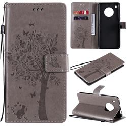 Embossing Butterfly Tree Leather Wallet Case for Huawei Y9a - Grey