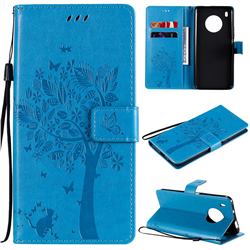 Embossing Butterfly Tree Leather Wallet Case for Huawei Y9a - Blue
