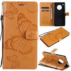 Embossing 3D Butterfly Leather Wallet Case for Huawei Y9a - Yellow