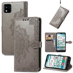 Embossing Imprint Mandala Flower Leather Wallet Case for Kyocera Kantan Sumaho3 - Gray