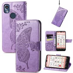 Embossing Mandala Flower Butterfly Leather Wallet Case for Kyocera KY-51B - Light Purple