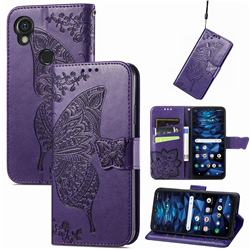 Embossing Mandala Flower Butterfly Leather Wallet Case for Kyocera Digno SX3 - Dark Purple