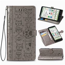 Embossing Dog Paw Kitten and Puppy Leather Wallet Case for Kyocera BASIO4 KYV47 - Gray