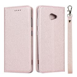 Ultra Slim Magnetic Automatic Suction Silk Lanyard Leather Flip Cover for Kyocera BASIO4 KYV47 - Rose Gold