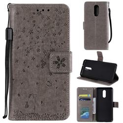Embossing Cherry Blossom Cat Leather Wallet Case for LG Stylo 4 - Gray