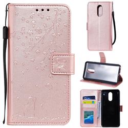 Embossing Cherry Blossom Cat Leather Wallet Case for LG Stylo 4 - Rose Gold