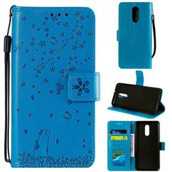 Embossing Cherry Blossom Cat Leather Wallet Case for LG Stylo 4 - Blue