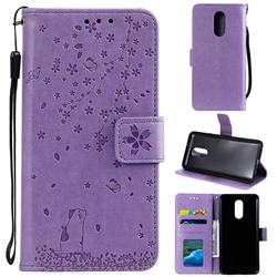 Embossing Cherry Blossom Cat Leather Wallet Case for LG Stylo 4 - Purple