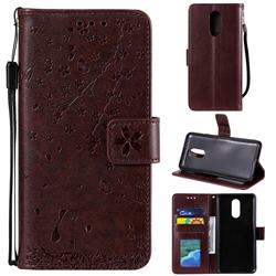 Embossing Cherry Blossom Cat Leather Wallet Case for LG Stylo 4 - Brown