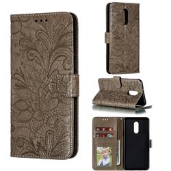 Intricate Embossing Lace Jasmine Flower Leather Wallet Case for LG Stylo 5 - Gray
