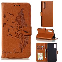 Intricate Embossing Lychee Feather Bird Leather Wallet Case for LG Velvet 5G (LG G9 G900) - Brown