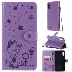 Embossing Bee and Cat Leather Wallet Case for LG K22 / K22 Plus - Purple