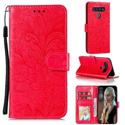 Intricate Embossing Lace Jasmine Flower Leather Wallet Case for LG K41S - Red