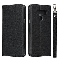 Ultra Slim Magnetic Automatic Suction Silk Lanyard Leather Flip Cover for LG K50 - Black