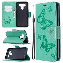 Embossing Double Butterfly Leather Wallet Case for LG K51 - Green
