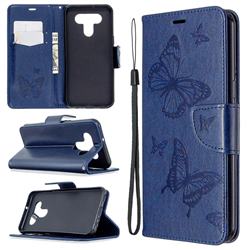 Embossing Double Butterfly Leather Wallet Case for LG K51 - Dark Blue