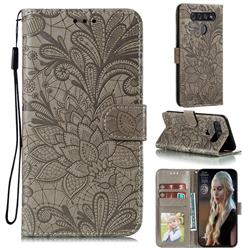 Intricate Embossing Lace Jasmine Flower Leather Wallet Case for LG K51S - Gray