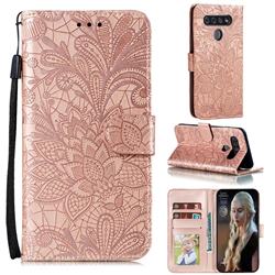 Intricate Embossing Lace Jasmine Flower Leather Wallet Case for LG K51S - Rose Gold