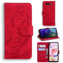 Intricate Embossing Tiger Face Leather Wallet Case for LG K51S - Red