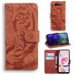 Intricate Embossing Tiger Face Leather Wallet Case for LG K51S - Brown