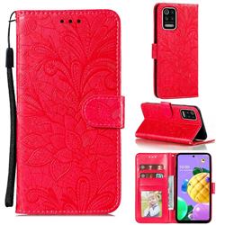 Intricate Embossing Lace Jasmine Flower Leather Wallet Case for LG K52 K62 Q52 - Red