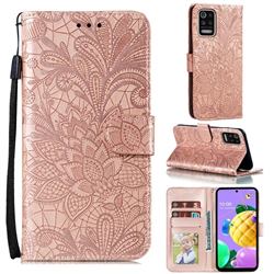 Intricate Embossing Lace Jasmine Flower Leather Wallet Case for LG K52 K62 Q52 - Rose Gold