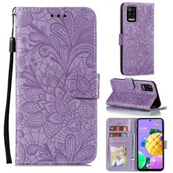Intricate Embossing Lace Jasmine Flower Leather Wallet Case for LG K52 K62 Q52 - Purple