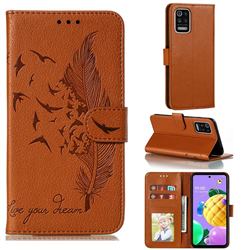 Intricate Embossing Lychee Feather Bird Leather Wallet Case for LG K52 K62 Q52 - Brown