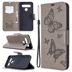 Embossing Double Butterfly Leather Wallet Case for LG K61 - Gray