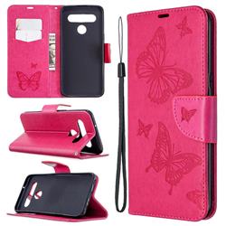Embossing Double Butterfly Leather Wallet Case for LG K61 - Red