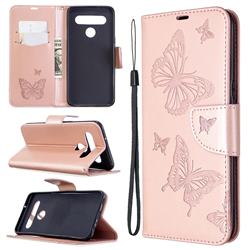 Embossing Double Butterfly Leather Wallet Case for LG K61 - Rose Gold