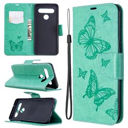 Embossing Double Butterfly Leather Wallet Case for LG K61 - Green