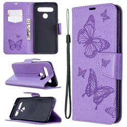Embossing Double Butterfly Leather Wallet Case for LG K61 - Purple