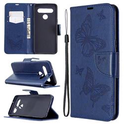 Embossing Double Butterfly Leather Wallet Case for LG K61 - Dark Blue
