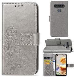 Embossing Imprint Four-Leaf Clover Leather Wallet Case for LG K61 - Grey